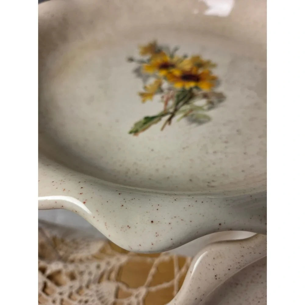 Vintage Speckled Stoneware Pie Plate Set Sunflowers Autumn Leaves Ruffled 1